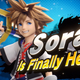 Sora from Kingdom Hearts holding a keyblade and smiling against a blue background in Super Smash Bros Ultimate.